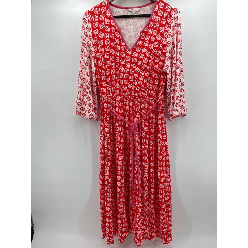 Boden Red and White V-Neck Printed Midi Dress